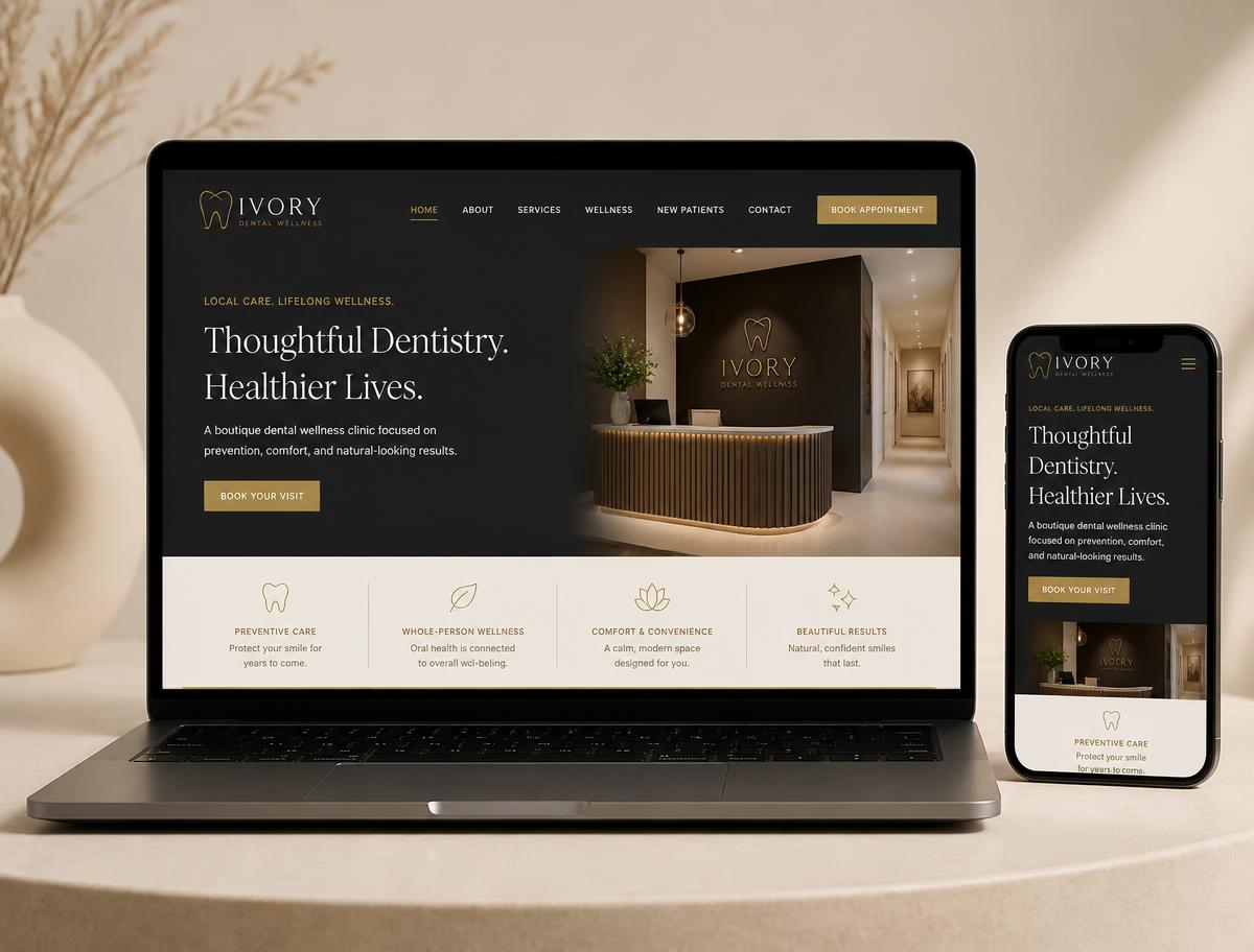 Laptop and phone displaying a refined local business website designed by Atelier Tech Group
